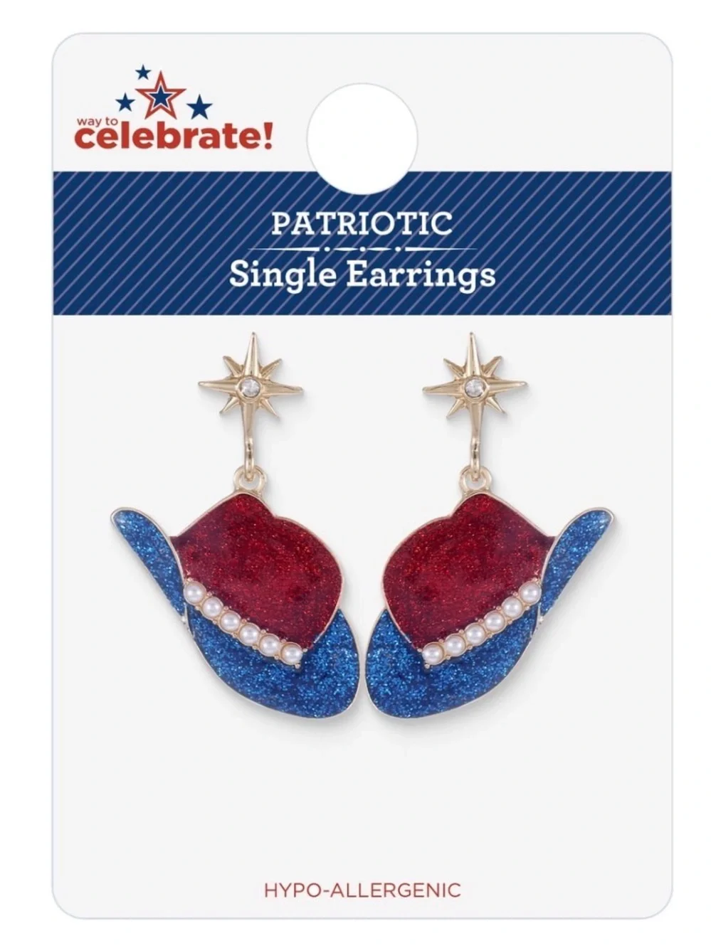 Way to Celestial Western Hat Drop Dangle Earrings in Red & Blue Star Studs NWT